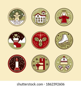 Christmas Line art Icon Set with Ginger, Snow House, Angel, Sock, Mistletoe, Skate, Gifts, Hat, Mittens and Candle in Flat style. For New Year, holidays, Xmas elements Collection vector illustration