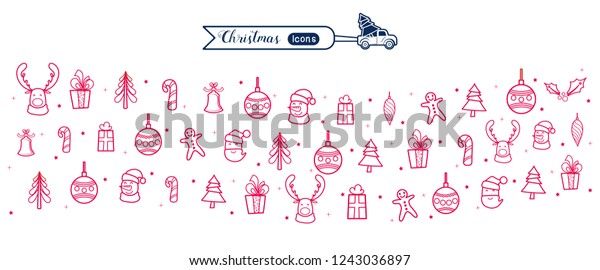 Christmas line art icons\
element banner. Christmas drawing collection. Cartoon Vector\
Illustration.