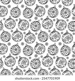Christmas line art pattern with Christmas balls. Black and white background 