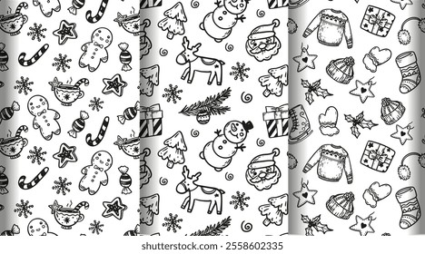 Christmas line art patterns. Black and white outline design. Coloring book.