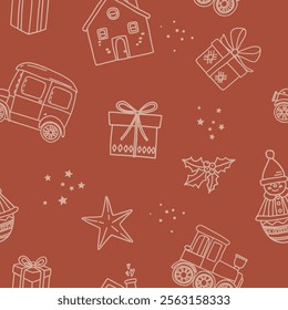 Christmas line art seamless pattern. Vector background