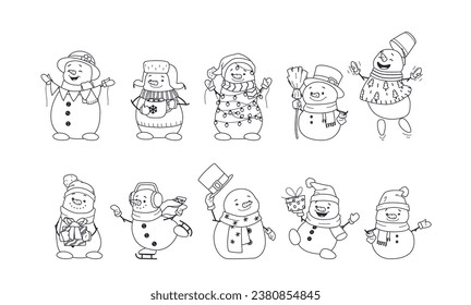 Christmas line art set. Fun and cute snowman characters in different expressions and poses, with Santa Claus hat, cylinder