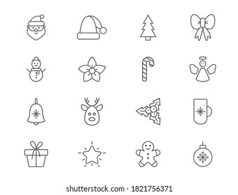 Christmas line art set. Outline design elements with snowflake, santa, star, christmas tree, ball, sock, gift box, candy cane, reindeer. Cute traditional Holiday icons collection. Vector illustration.