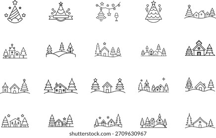 Conjunto de iconos de Vector de arte de línea de Navidades: Festiva, invierno, Santa, regalos, decoraciones e iconos de contorno festivo