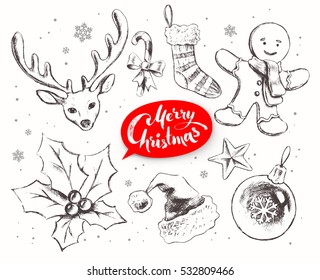 Christmas line art vector set with festive objects and lettering banner on white background