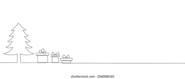Christmas line card. Xmas tree and gift in continuous line. One christmas tree for present, decoration background, winter illustration. Art of drawing for holiday. Outline sketch for new year. Vector.
