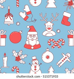 Christmas line design seamless pattern with Santa Claus and deer