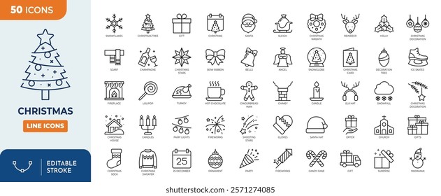 Christmas line editable icon set. contains such icons as Santa Claus, Christmas, Gift, Reindeer, Christmas Tree, Snowflake, and more. Vector illustration