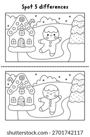 Navidades línea encontrar diferencias juego. Vacaciones de invierno actividad en blanco y negro con escena de pan de jengibre. Hoja de trabajo imprimible, página para colorear para niños con divertido personaje de Año Nuevo
