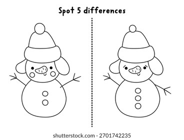 Christmas line find differences game for children. Winter holiday black and white educational activity with snowman. Puzzle for kids with New Year character. Printable worksheet, coloring page
