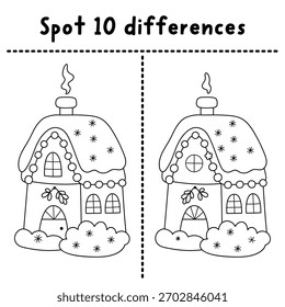 Christmas line find differences game for children. Winter holiday black and white activity with Santa Claus house. Printable worksheet, coloring page, puzzle for kids with funny New Year home
