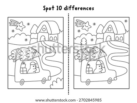 Christmas line find differences game. Winter holiday black and white activity with bird driving fir tree home on night. Printable worksheet, puzzle, coloring page for kids with New Year character