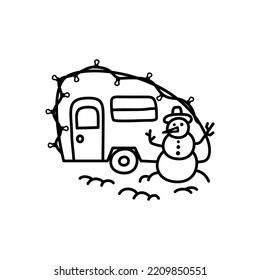 Christmas line icon from the Christmas camping series. Happy Holidays symbol and elements. Stock winter vector. RV Trailer with snowman