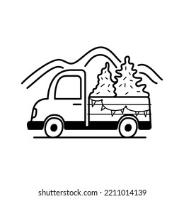 Christmas line icon from the Christmas camping series. Happy Holidays symbol and elements. Stock winter vector. Truck with christmas trees