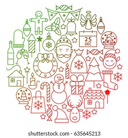 Christmas Line Icon Circle Design. Vector Illustration of Winter Holiday and Happy New Year Objects.