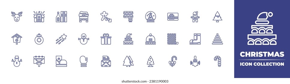 Christmas line icon collection. Editable stroke. Vector illustration. Containing school, snowball, bauble, beanie, christmas, christmas tree, gift, gift card, star, wrapping paper, boots, candy cane.