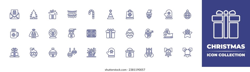 Christmas line icon collection. Editable stroke. Vector illustration. Containing christmas present, christmas tree, coffee cup, gift, mittens, pine, angel, christmas ball, present, santa claus.