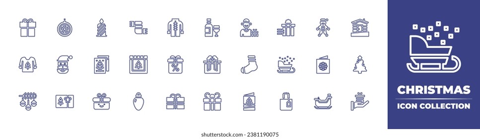 colección de iconos de la línea de Navidad. Trazo editable. Ilustración vectorial. Con regalo, vino, suéter, regalo de navidad, árbol de navidad, bola de navidad, hombre, santa claus, calcetín, vale, tarjeta, vela.