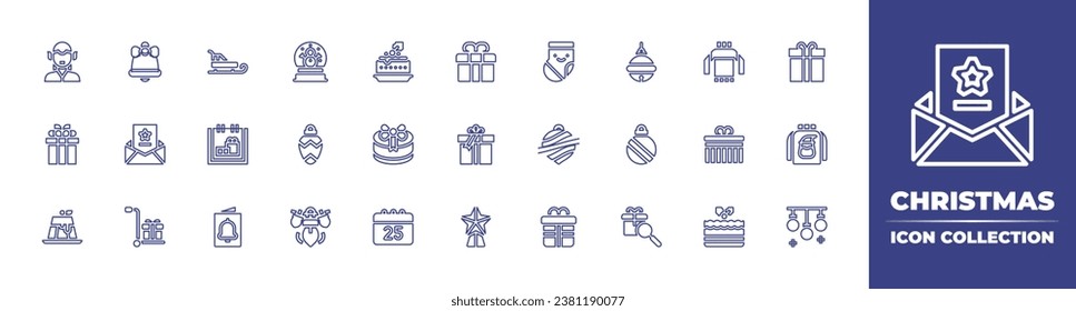 Christmas line icon collection. Editable stroke. Vector illustration. Containing elf, gift, pudding, top, sleigh, sleigh bell, calendar, christmas ball, christmas card, snowglobe, sweater.