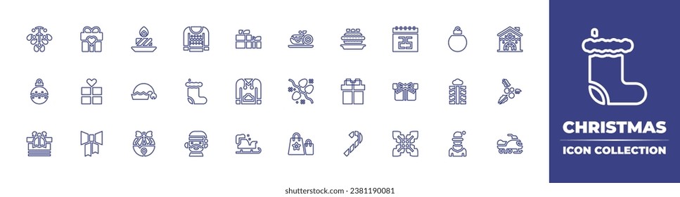 Christmas line icon collection. Editable stroke. Vector illustration. Containing candle, christmas, sweater, bauble, elf, gift, christmas sock, jingle bell, mistletoe, santa claus, roll cake, baubles.