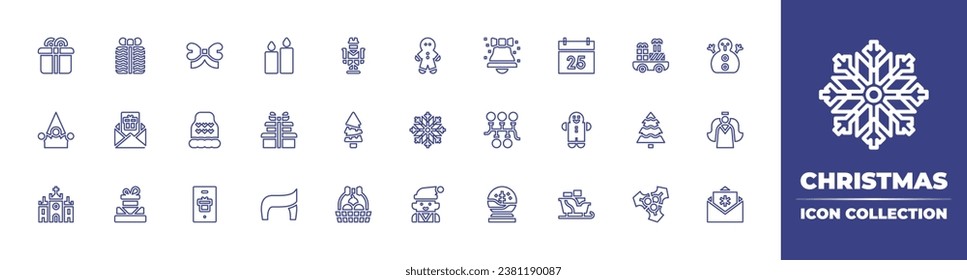 Christmas line icon collection. Editable stroke. Vector illustration. Containing boxing day, christmas bell, nutcracker, snowman, letter, lights, tree, angel, gift, snow globe, fruit, candles, hair.