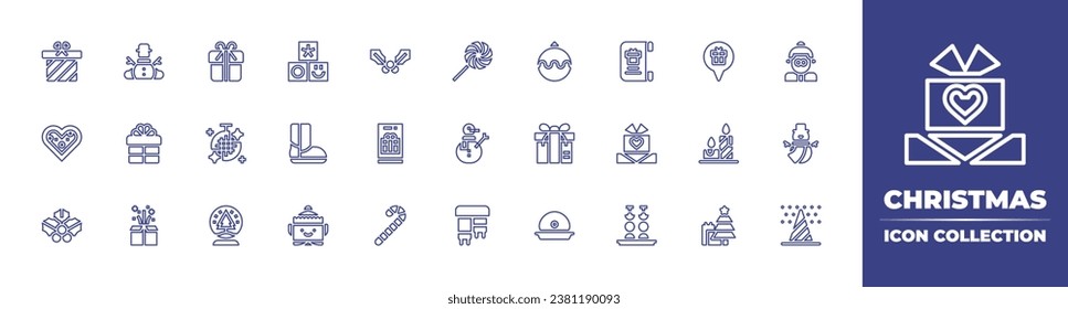 Christmas line icon collection. Editable stroke. Vector illustration. Containing snowman, bauble, mistletoe, mrs claus, gift, mobile phone, ham, candy cane, christmas tree, toys, boot, elf.