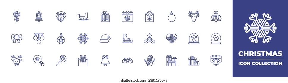 Christmas line icon collection. Editable stroke. Vector illustration. Containing bell, christmas bag, gift, mistletoe, light bulb, santa hat, snowball, search, snowman, christmas, balloons, christmas.