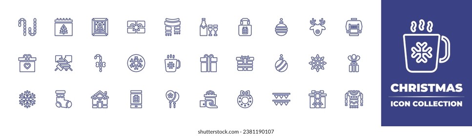 Christmas line icon collection. Editable stroke. Vector illustration. Containing christmas day, christmas present, scarf, sweater, fireworks, gift, xmas, balloon, sock, wreath, christmas sweater.