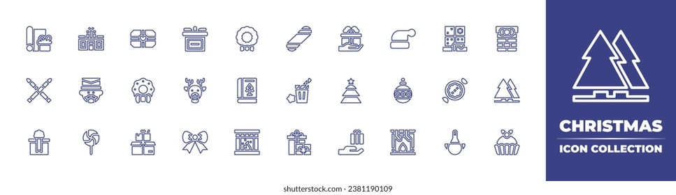 Christmas line icon collection. Editable stroke. Vector illustration. Containing gift shop, christmas present, wreath, chimney, nutcracker, christmas tree, book, candy, subscription gift, fireplace.