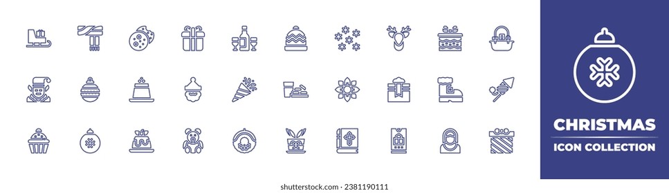 Christmas line icon collection. Editable stroke. Vector illustration. Containing scarf, snow, wine, basket, bauble, christmas, confetti, fireworks, bible, christmas wreath, gift, santa claus, santa.