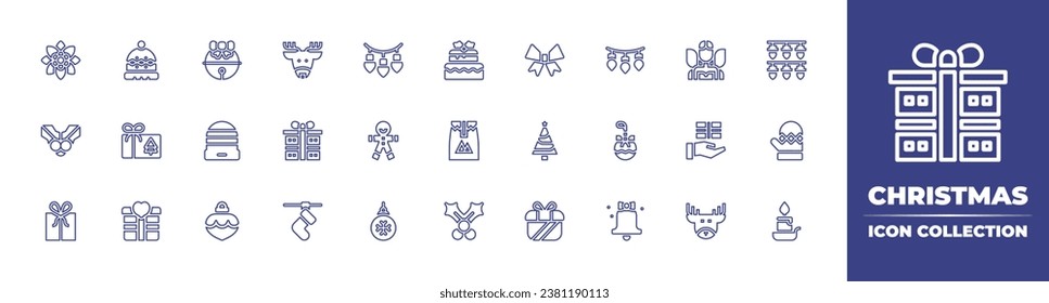 Christmas line icon collection. Editable stroke. Vector illustration. Containing winter hat, bow, light, lights, christmas present, christmas tree, gingerbread man, mittens, gift, ball, candle.