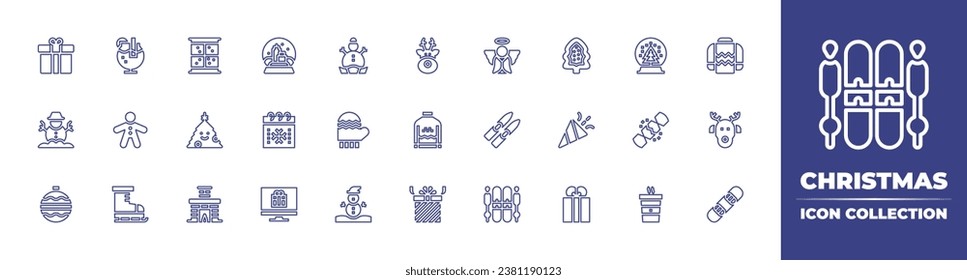 Christmas line icon collection. Editable stroke. Vector illustration. Containing window, christmas, snowball, snow ball, christmas tree, confetti, calendar, fireplace, gift, computer, hot drink.