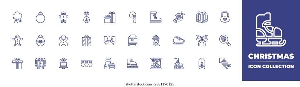 Christmas line icon collection. Editable stroke. Vector illustration. Containing bauble, boots, christmas present, boy, gift, coat, fireplace, beard, santa, deer, lights, price tag, fireworks, snowing