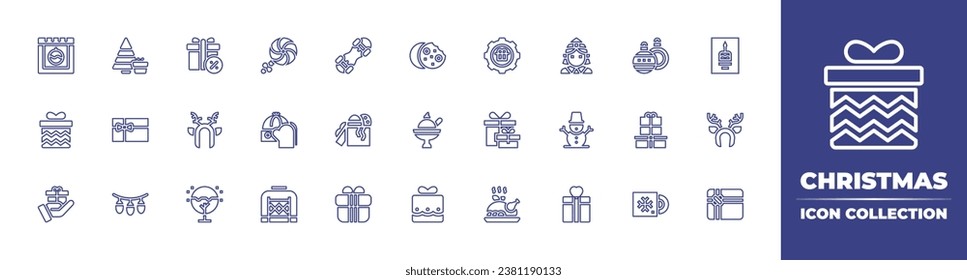 Christmas line icon collection. Editable stroke. Vector illustration. Containing christmas tree, gift, candy, christmas balls, giftbox, hat, presents, light, roasted chicken, sweater, vinyl, discount.