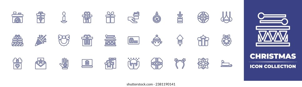 Christmas line icon collection. Editable stroke. Vector illustration. Containing gift, sales, christmas present, confetti, elf, drum, card, presents, candle, champagne, christmas wreath, fireworks.