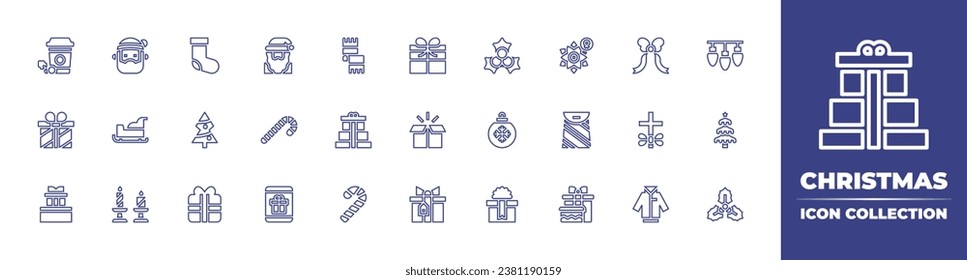 Christmas line icon collection. Editable stroke. Vector illustration. Containing santa claus, mistletoe, christmas lights, bow, sled, bauble, christmas tree, candy cane, cross, candle.