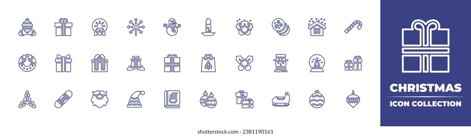 Christmas line icon collection. Editable stroke. Vector illustration. Containing fireworks, house, present, snow ball, santa hat, ball, christmas wreath, cookie, snowman, santa claus, sledge.
