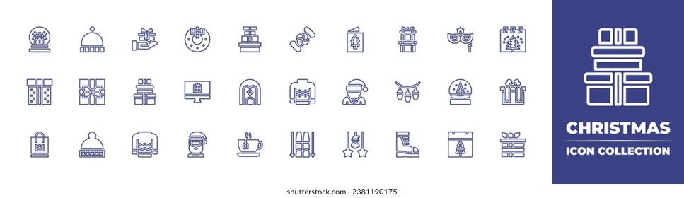 Weihnachtszeilensymbolkollektion. Bearbeitbarer Strich. Vektorgrafik. Mit Mütze, Weihnachtskarte, Kalender, Weihnachtskranz, Augenmaske, Geschenk, Mann, Weihnachtsgeschenk, Computer, Kristallkugel.