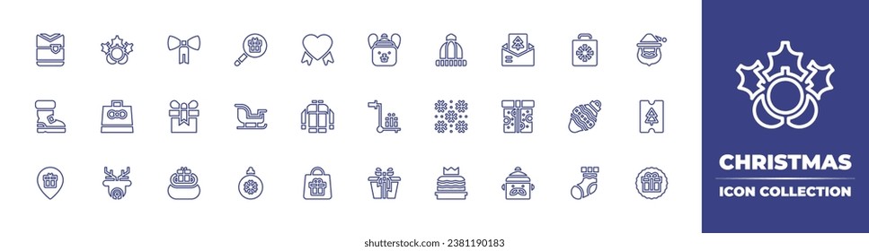 Christmas line icon collection. Editable stroke. Vector illustration. Containing romantic, santa claus, sweater, bunny, ticket, boot, box, bag, boxing day, placeholder, present, search, shopping bag.