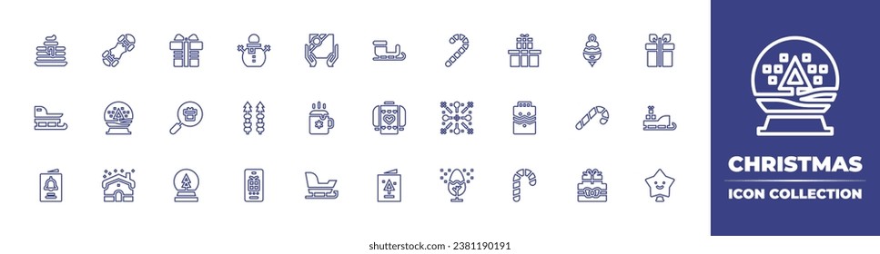 Christmas line icon collection. Editable stroke. Vector illustration. Containing snowman, bauble, canapes, candy cane, christmas present, gift, search, sweater, cocoa, sled, snow ball, candy, star.