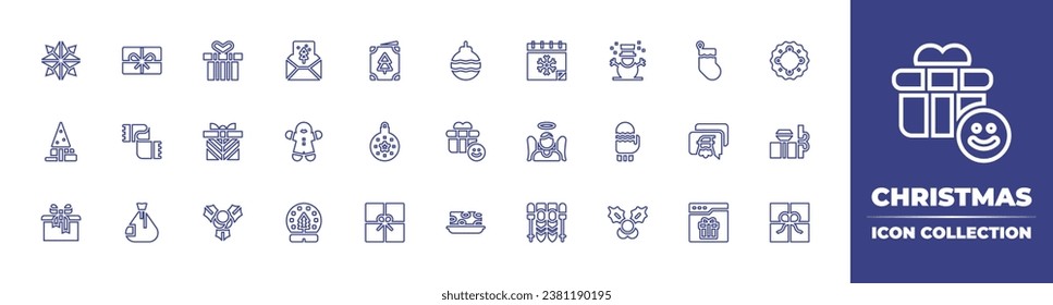 Christmas line icon collection. Editable stroke. Vector illustration. Containing christmas card,  wreath, star, bauble, christmas ball, gift, tree, nougat, christmas sock.