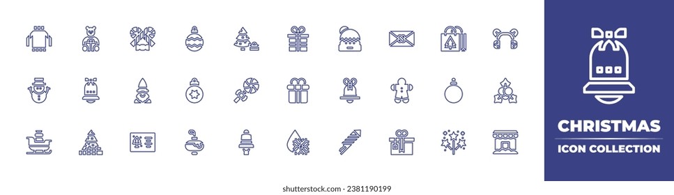 Christmas line icon collection. Editable stroke. Vector illustration. Containing teddy, winter hat, bauble, christmas present, bell, bell, ball, tree, fireworks, firework