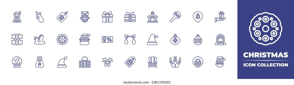 Christmas line icon collection. Editable stroke. Vector illustration. Containing christmas sock, manger, nutcracker, placeholder, rocking horse, santa hat, santa claus, bauble, armchair, christmas.