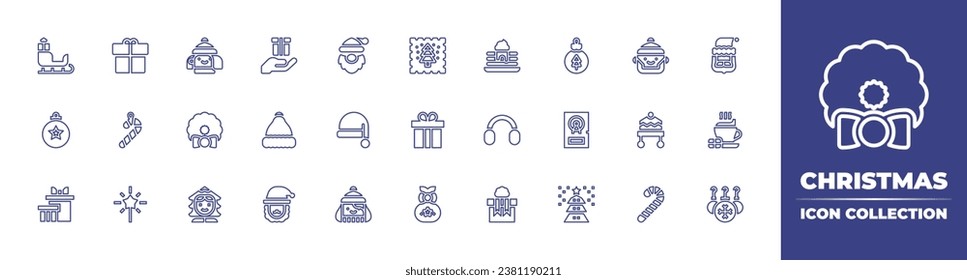 Christmas line icon collection. Editable stroke. Vector illustration. Containing santa claus, sleigh, stamp, hat, hot chocolate, bauble, birthday and party, woman, gift, gift bag, gift box, man.