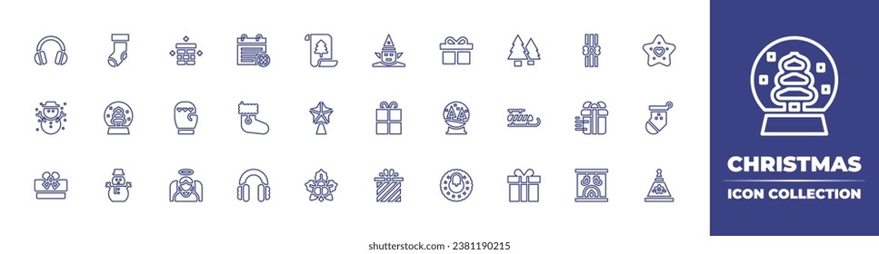 Christmas line icon collection. Editable stroke. Vector illustration. Containing christmas sock, gift, wishlist, biscuit, snow globe, christmas, snowman, wreath, mistletoe, party hat, calendar.