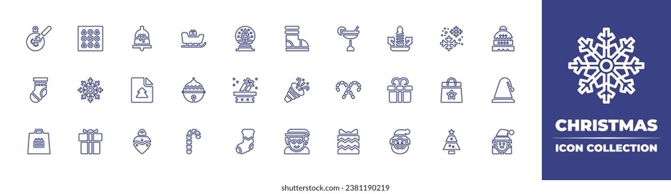 Christmas line icon collection. Editable stroke. Vector illustration. Containing sleigh, snowflake, bauble, christmas bag, candy cane, christmas tree, bell, candle light, snow ball, beanie, christmas.