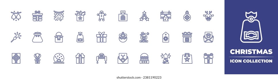 Christmas line icon collection. Editable stroke. Vector illustration. Containing christmas, christmas day, surprise box, bauble, present, tag, candy bag, snow, star, gift, gift bag