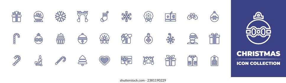 Christmas line icon collection. Editable stroke. Vector illustration. Containing snowball, wreath, sock, bauble, christmas wreath, gift, christmas candle, garland, gingerbread, label, earmuffs.