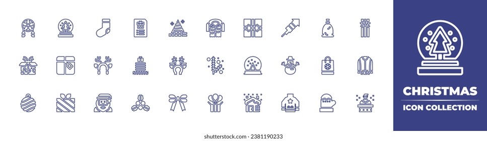 Christmas line icon collection. Editable stroke. Vector illustration. Containing wishlist, bag, boxing day, christmas, mistletoe, mitten, christmas sock, rocket, christmas tree, gift, deer horns, snow