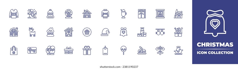 Christmas line icon collection. Editable stroke. Vector illustration. Containing christmas ball, fireplace, gingerbread, light, gift, mistletoe, beanie, christmas present, gingerbread house, milk.